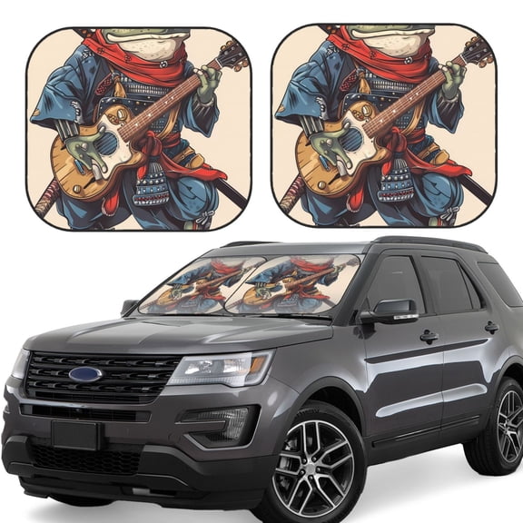 Gukieu Samurai Frog Guitar Print Car Windshield Sun Visor, Foldable Anti-UV Car Sun Visor Suitable for Vans, Trucks Car Accessories-Small