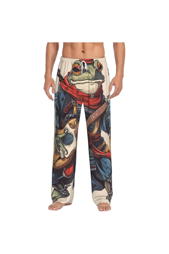 Samurai Frog Guitar Print Men's Home Trousers, Elastic Drawstring Home Pajamas Clothing Suitable for Adult Men-Medium