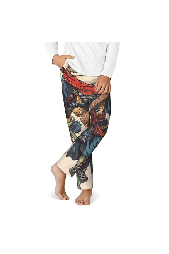 Samurai Frog Guitar Print Youth Home Trousers, Elastic Waistband with Pockets for Home and Outing, Suitable for Children Aged 5-16-Medium