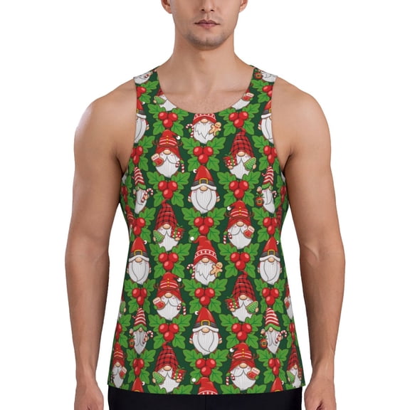 Gukieu Santa Claus And Gnomes Print Men's Quick Dry Fitness Vest, Round Neck Sleeveless Fitness Bodybuilding Top-Medium