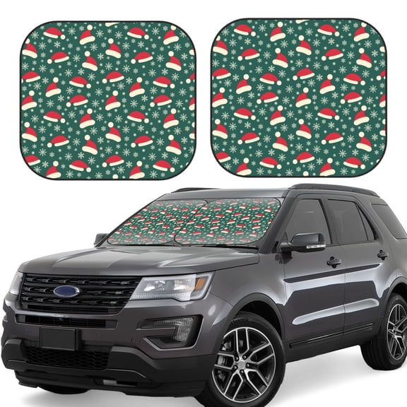 Gukieu Santa Hat Joy Green Festive Print Car Windshield Sun Visor, Foldable Anti-UV Car Sun Visor Suitable for Vans, Trucks Car Accessories-Small