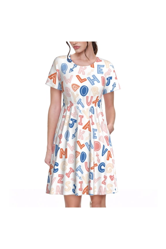 Scandinavian Alphabet Print Women's Short Sleeve Dress, Elastic Waistband A-line with Pockets Summer Dress, Suitable for Daily Leisure, Work, Vacation