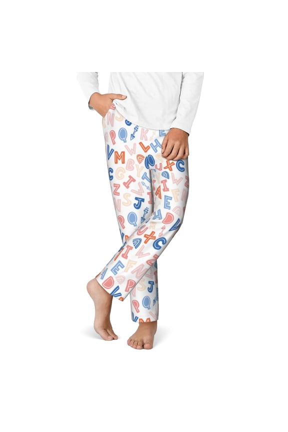 Scandinavian Alphabet Print Youth Home Trousers, Elastic Waistband with Pockets for Home and Outing, Suitable for Children Aged 5-16-Large