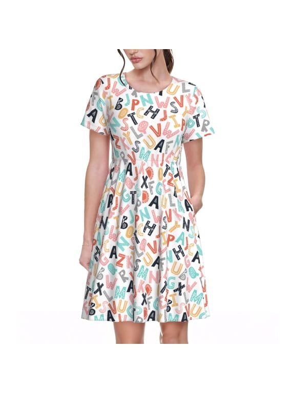 Scandinavian Alphabet1 Print Women's Short Sleeve Dress, Elastic Waistband A-line with Pockets Summer Dress, Suitable for Daily Leisure, Work, Vacation