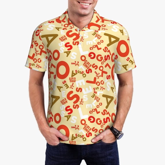 Gukieu Scandinavian Alphabet2 Print Men's Quick-drying POLO Shirt, Button-down Summer T-shirt, Suitable for Work and Outdoor Activities-Large