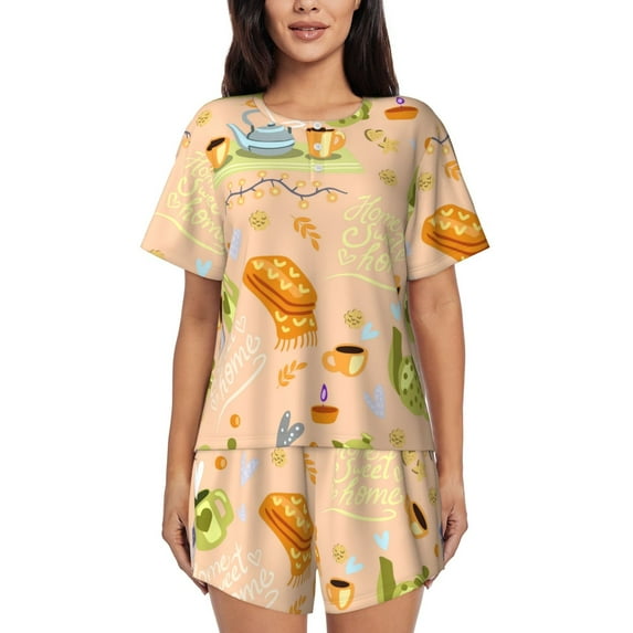 Gukieu Scandinavian Style Hygge Print Women's Short-sleeved Pajama Set, Round Neck Button Top Elastic Shorts 2-piece Set, Summer Home Leisure Clothing-X-Large