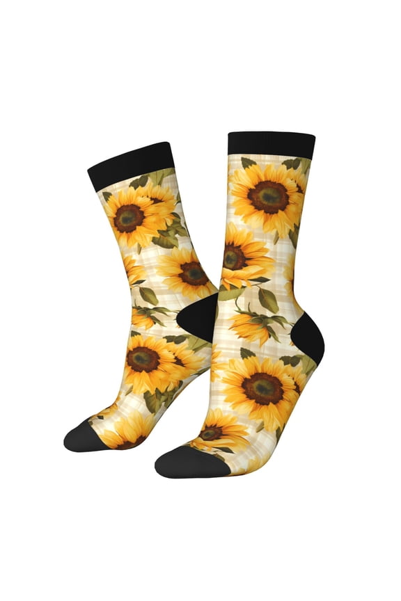 Scottish Plaid Sunflower Print Contrast Color Mid-calf Socks, Sweat-wicking Athletic Socks, Unisex Clothing Accessories