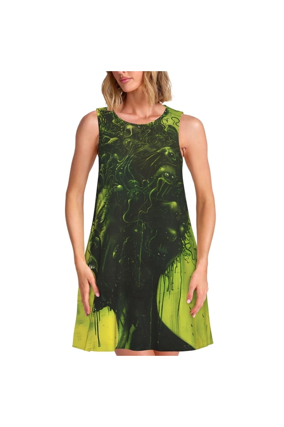 Screaming Horror Art Print Women's Sleeveless Dress, Pocket Round Neck Dress, Summer Dress Suitable for Vacation, Party, Travel