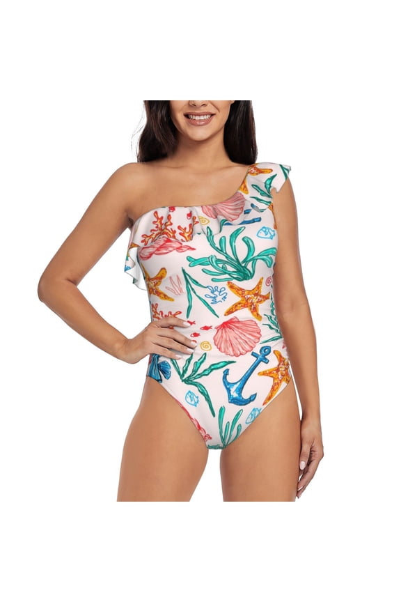 Sea Creatures Print One-shoulder Ruffled One-piece Swimsuit with Removable Chest Pads and Tummy-control Swimsuit for Women-Large
