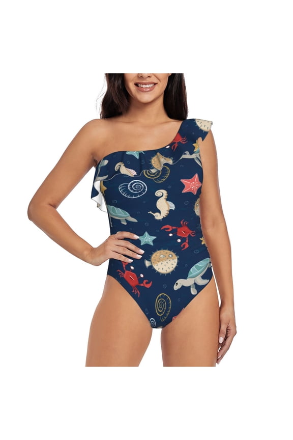Sea Creatures Print One-shoulder Ruffled One-piece Swimsuit with Removable Chest Pads and Tummy-control Swimsuit for Women-X-Large