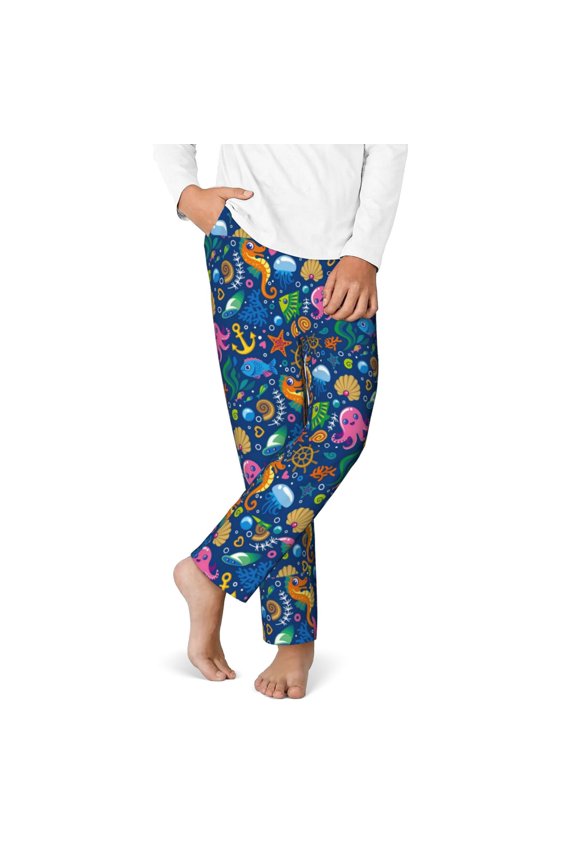 Sea Fish Print Youth Home Trousers, Elastic Waistband with Pockets for Home and Outing, Suitable for Children Aged 5-16-Large