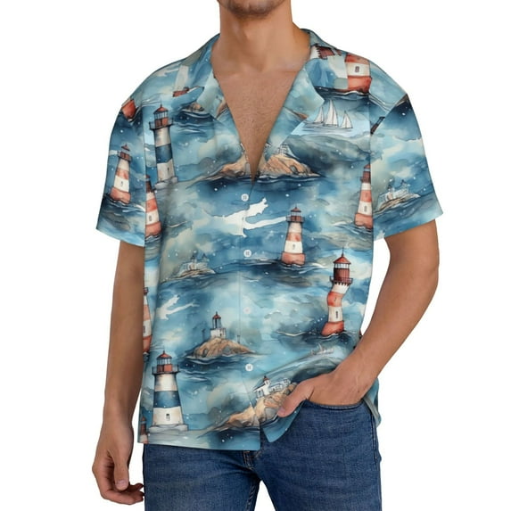 Gukieu Sea Marine And Lighthouse Print Men's Short-sleeved Shirts, Button-down Pocket Shirts, T-shirts, Beach Vacation Travel Summer Clothing-XX-Large