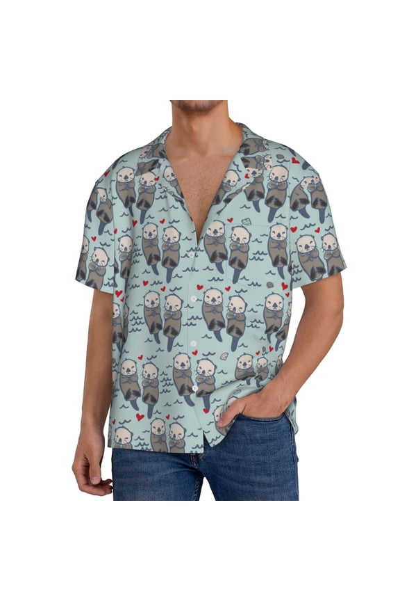 Sea Otter Print Men's Short-sleeved Shirts, Button-down Pocket Shirts, T-shirts, Beach Vacation Travel Summer Clothing-Medium