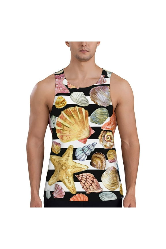Sea Shell Print Men's Quick Dry Fitness Vest, Round Neck Sleeveless Fitness Bodybuilding Top-Medium