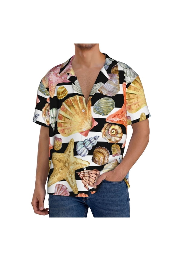 Sea Shell Print Men's Short-sleeved Shirts, Button-down Pocket Shirts, T-shirts, Beach Vacation Travel Summer Clothing-Medium