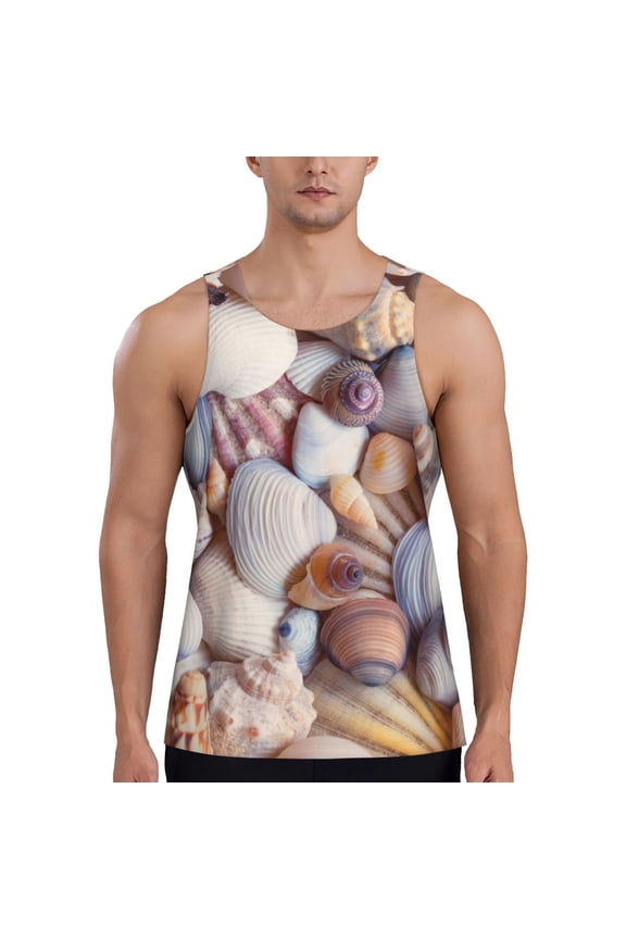Sea Shells Print Men's Quick Dry Fitness Vest, Round Neck Sleeveless Fitness Bodybuilding Top-X-Large