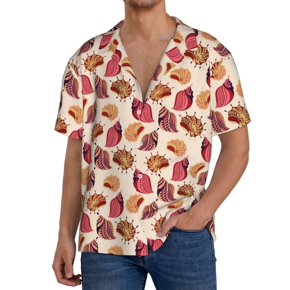 Gukieu Sea Shells Print Men's Short-sleeved Shirts, Button-down Pocket Shirts, T-shirts, Beach Vacation Travel Summer Clothing-Small