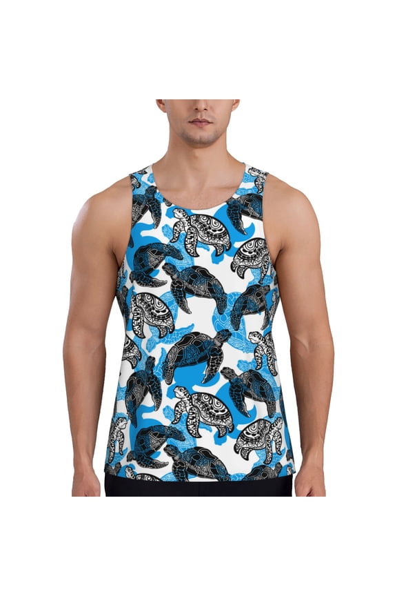 Sea Turtle Life Print Men's Quick Dry Fitness Vest, Round Neck Sleeveless Fitness Bodybuilding Top-Small