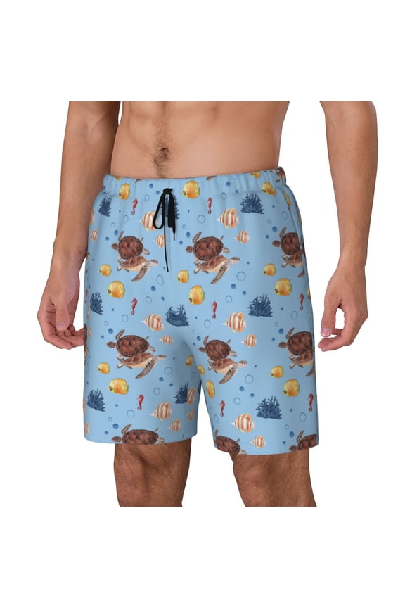 Sea Turtle Print Men's Double Layer Sports Swim Trunks, Quick Dry Adjustable Waist Swim Shorts Swimwear-Large