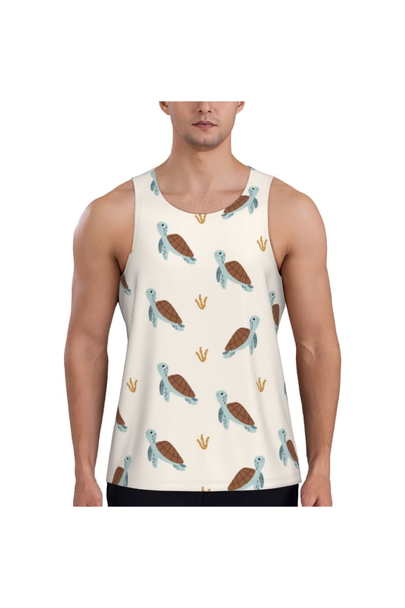 Sea Turtle Print Men's Quick Dry Fitness Vest, Round Neck Sleeveless Fitness Bodybuilding Top-Large