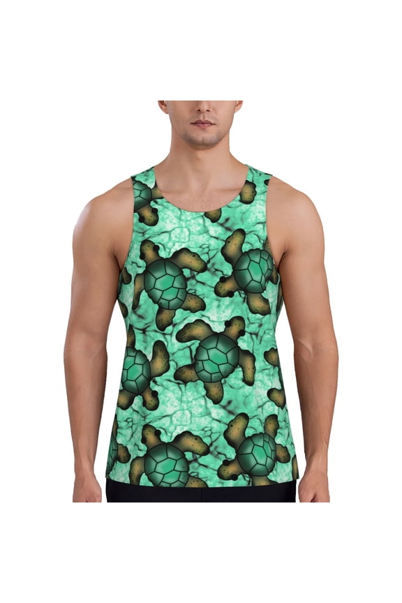 Sea Turtle Print Men's Quick Dry Fitness Vest, Round Neck Sleeveless Fitness Bodybuilding Top-Large