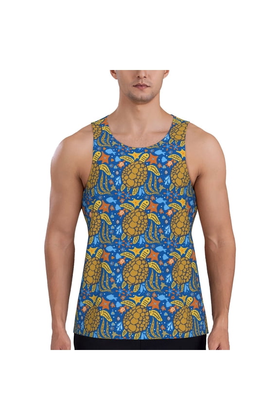 Sea Turtle Print Men's Quick Dry Fitness Vest, Round Neck Sleeveless Fitness Bodybuilding Top-Small