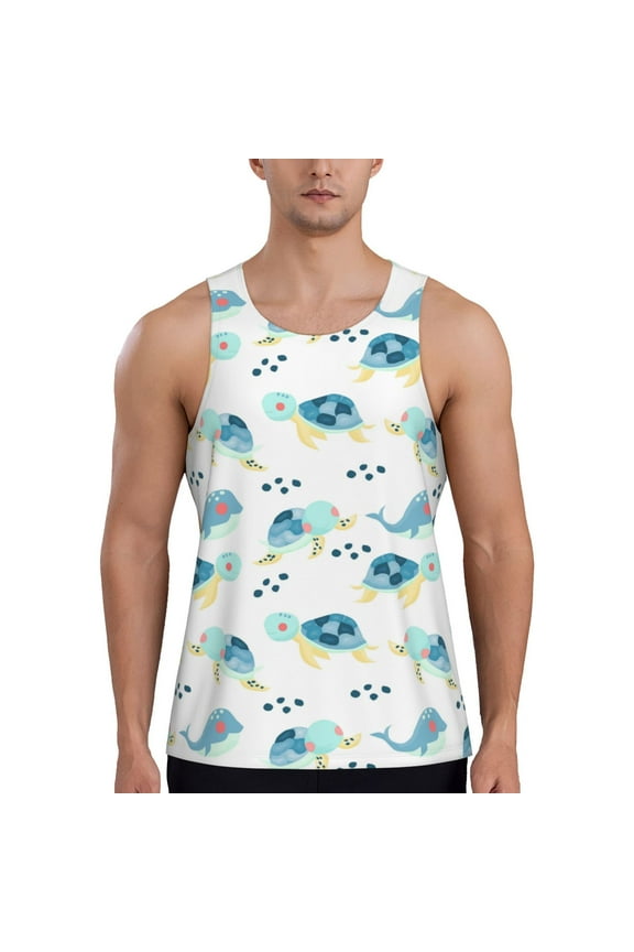 Sea Turtle Print Men's Quick Dry Fitness Vest, Round Neck Sleeveless Fitness Bodybuilding Top-X-Large