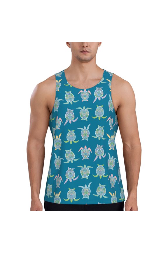 Sea Turtle Print Men's Quick Dry Fitness Vest, Round Neck Sleeveless Fitness Bodybuilding Top-XX-Large