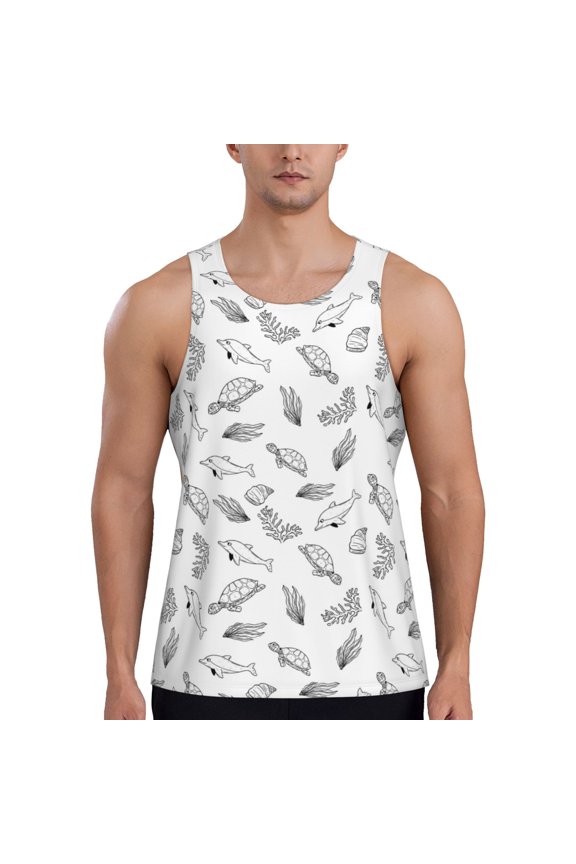 Sea Turtle Print Men's Quick Dry Fitness Vest, Round Neck Sleeveless Fitness Bodybuilding Top-XX-Large