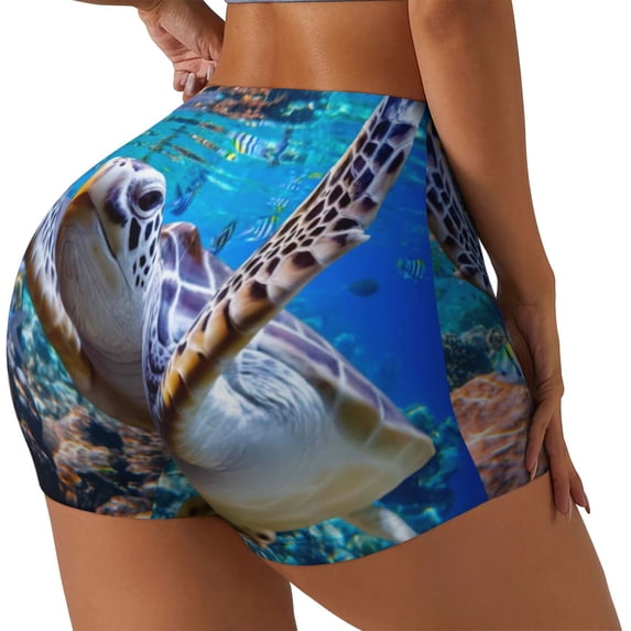 Gukieu Sea Turtle Swims Print Women's Sports Shorts, Elastic Waist High Stretch Running Yoga Gym Sweatpants-Large