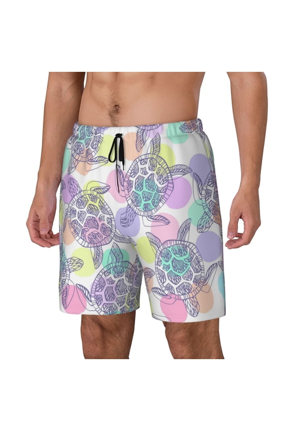 Sea Turtles Print Men's Double Layer Sports Swim Trunks, Quick Dry Adjustable Waist Swim Shorts Swimwear-Medium