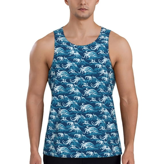 Gukieu Sea Water Wave Print Men's Quick Dry Fitness Vest, Round Neck Sleeveless Fitness Bodybuilding Top-Small