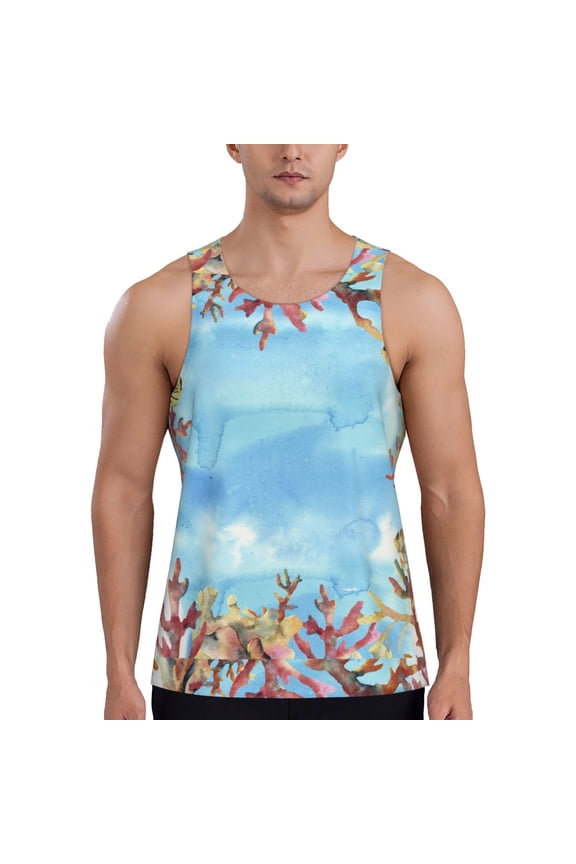 Sea and Fish Print Men's Quick Dry Fitness Vest, Round Neck Sleeveless Fitness Bodybuilding Top-Medium