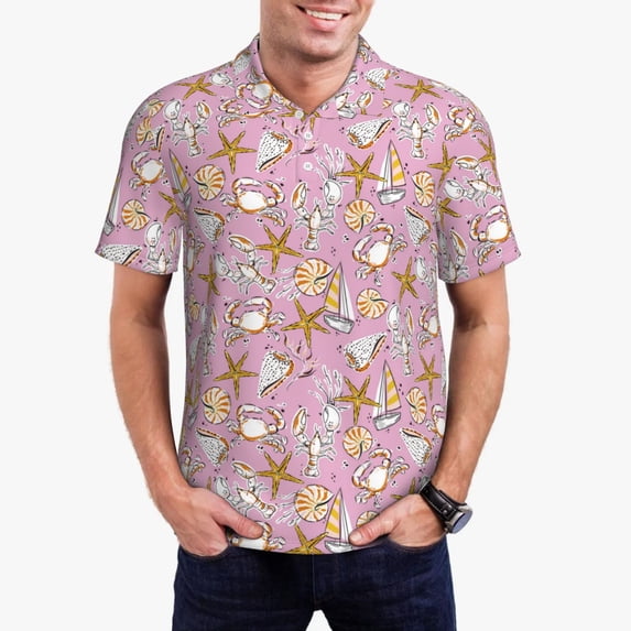Gukieu Seafood Print Men's Quick-drying POLO Shirt, Button-down Summer T-shirt, Suitable for Work and Outdoor Activities-Medium