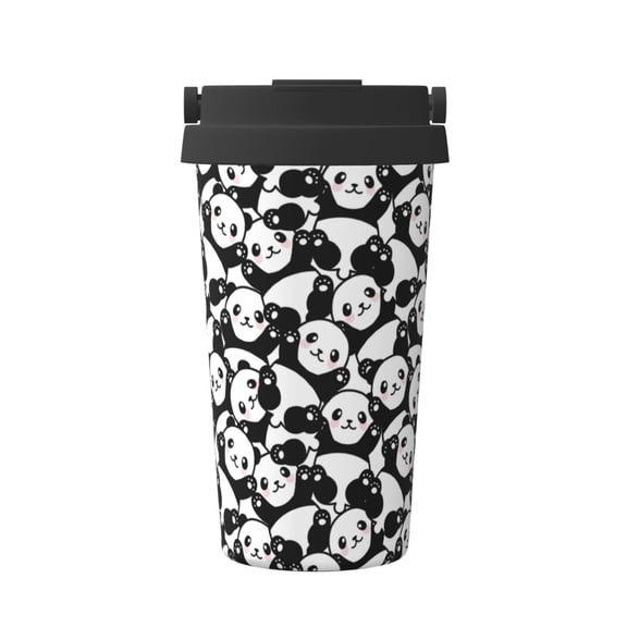 Gukieu Seamless Pattern Cute Panda Print Insulated Coffee Cup, Portable Stainless Steel Vacuum Cup with Lid, Unisex, Suitable for Office, Cafe, Car
