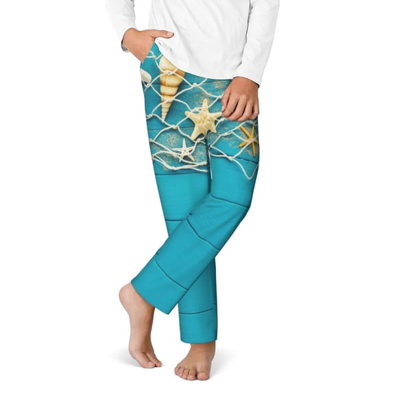 Gukieu Seashells And Fishing Net On Blue Wooden Table Print Youth Home Trousers, Elastic Waistband with Pockets for Home and Outing, Suitable for Children Aged 5-16-XS(5-6)