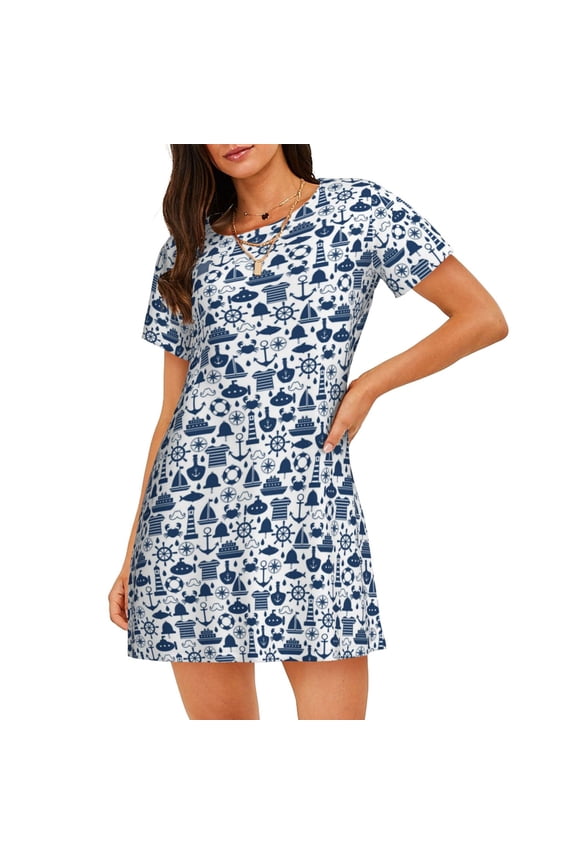 Seaside Primary Color Print Women's Nightgown, A-line Round Neck Short-sleeved Nightgown Pajamas Home Wear Suitable for Home and Outing