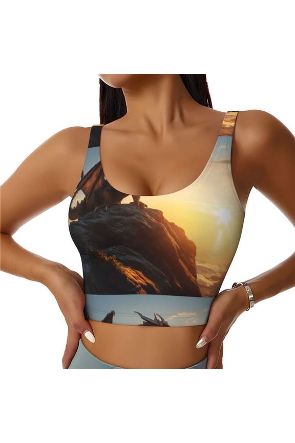 Seaside Sunset Cool Dragon Print Women's Sports Vest, Low-neck U-shaped Removable Pad Sports Bra for Yoga, Exercise, Dance-Medium