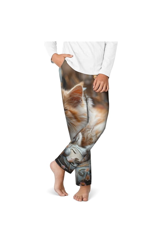 Serene Kitten Kingdom Print Youth Home Trousers, Elastic Waistband with Pockets for Home and Outing, Suitable for Children Aged 5-16-Small