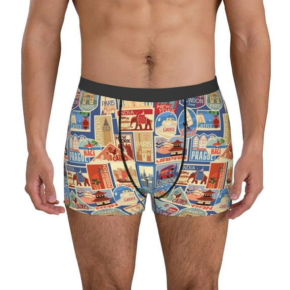 Gukieu Set Of Travel Vintage Print Men's Boxer Briefs, High Elastic Moisture Wicking Boxer Briefs Underwear-Large