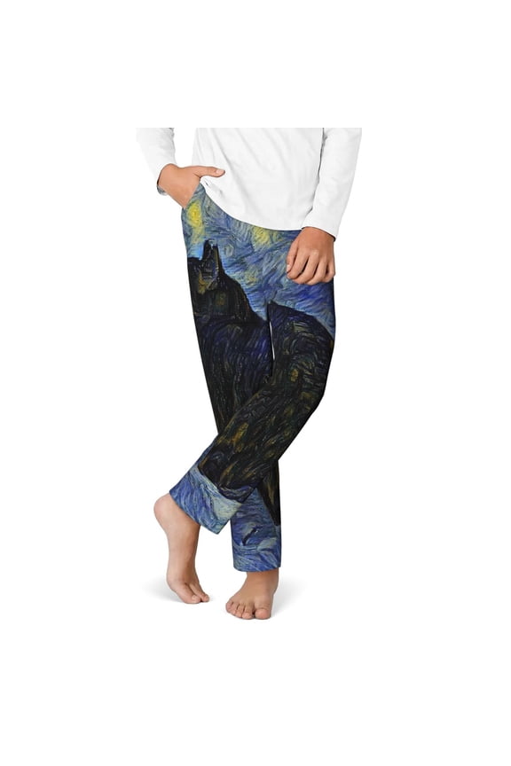 Shambhala Cat In Van Gogh Impressionist Print Youth Home Trousers, Elastic Waistband with Pockets for Home and Outing, Suitable for Children Aged 5-16-XS(5-6)