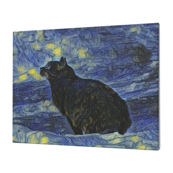 Gukieu Shambhala Cat In Van Gogh Impressionist Print Horizontal Canvas Decorative Painting 12x16 Inch Shrinkage Resistant Frame Hanging Home Wall Art Decor