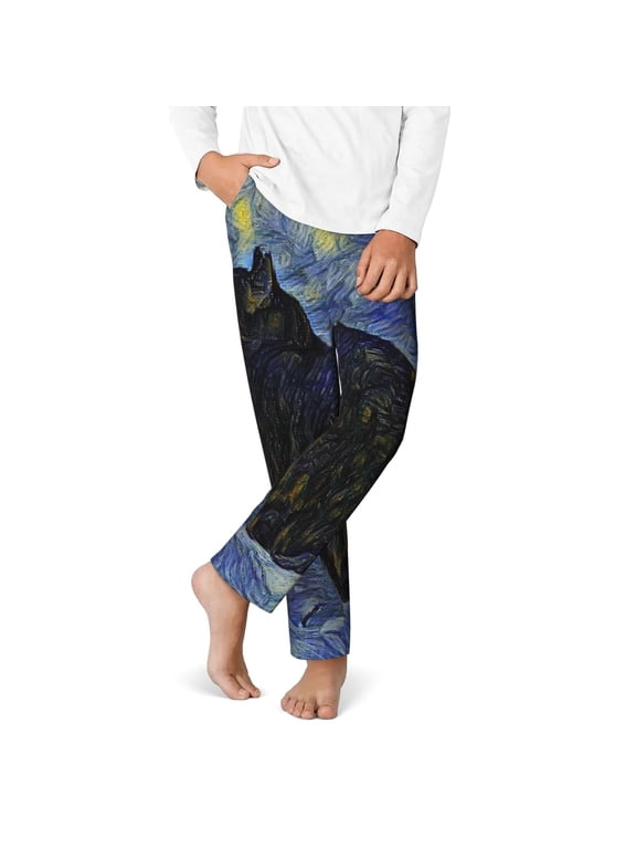 Shambhala Cat In Van Gogh Impressionist Print Youth Home Trousers, Elastic Waistband with Pockets for Home and Outing, Suitable for Children Aged 5-16-Medium