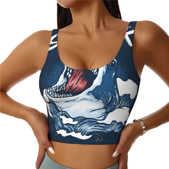 Gukieu Shark Print Women's Sports Vest, Low-neck U-shaped Removable Pad Sports Bra for Yoga, Exercise, Dance-