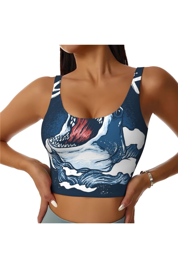 Shark Print Women's Sports Vest, Low-neck U-shaped Removable Pad Sports Bra for Yoga, Exercise, Dance-XX-Large