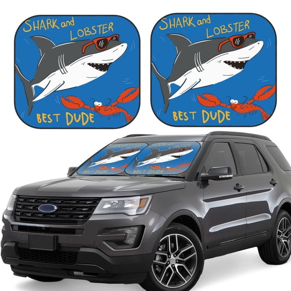 Gukieu Shark With Sunglasses and Lobste Print Car Windshield Sun Visor, Foldable Anti-UV Car Sun Visor Suitable for Vans, Trucks Car Accessories-Small