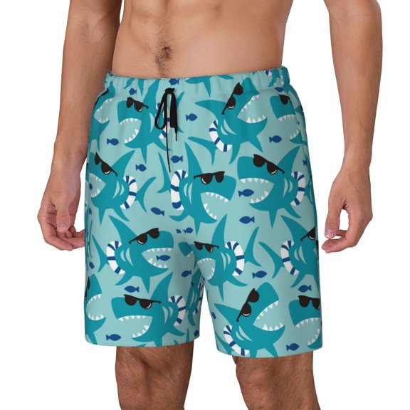 Gukieu Shark Wearing Sunglasses Print Men's Double Layer Sports Swim Trunks, Quick Dry Adjustable Waist Swim Shorts Swimwear-XX-Large