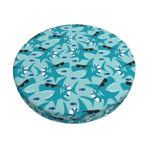 Gukieu Shark Wearing Sunglasses Print Round Chair Cover, Dust-proof and Non-slip Bar Chair Protective Cover, Suitable for Bars, Restaurants, Offices-12 inch