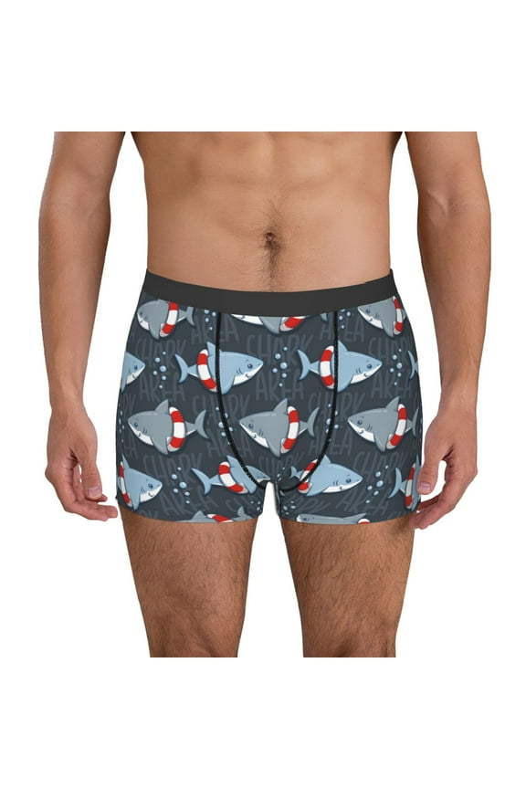 Shark Wearing Swim Ring Print Men's Boxer Briefs, High Elastic Moisture Wicking Boxer Briefs Underwear-XX-Large