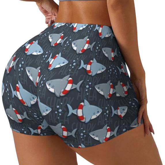 Gukieu Shark Wearing Swim Ring Print Women's Sports Shorts, Elastic Waist High Stretch Running Yoga Gym Sweatpants-X-Large